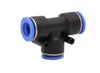 plastic T-shaped PVC piece with blue inserts at ends of tube.