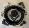 Set of plumbing components including a black hose and various connectors on a beige background