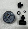 Pressure gauge next to two o-rings and two plastic parts.