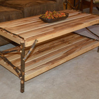 Diagonal view of A&L Furniture Rustic Hickory Coffee Table with Shelf