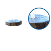 A polished basalt birdbath with a water fountain feature, isolated on a white background with a zoomed-in inset showing the detailed texture of the basalt.