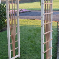 Amish-Made Cedar Cranbrook Arbors with fan lattice and arched cross-bar