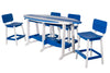 Blue and White Surfboard Table against a white background with 4 matching chairs surrounding it.