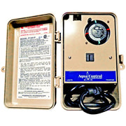 Anjon Pump & Lighting Control Box with timer and photocell, open with wiring visible, beige color.