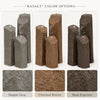 Three color options for fountain stones labeled Dapple Gray, Chestnut Brown, and Dark Espresso, each shown with three textured stone pieces and a close-up texture swatch below.