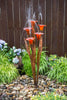 A garden fountain sculpture with five rust-orange flower-like tops on brown stem-like supports, spraying water upward, set in a landscaped bed with rocks, green plants, and a dark wooden fence background.