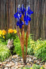 A garden fountain sculpture featuring blue glass iris-like flowers on copper-colored stems, set in a stone bed with green plants and a bamboo fence background.