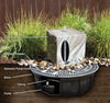 A labeled outdoor fountain setup showing a cube-shaped stone fountain with a polished pebble basin, stainless pump cover, tubing, and pump, surrounded by grass and a fence. White callout lines identify each component.