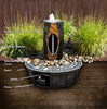 Cut away of Rock Fountain with labeled internal parts in a garden setting.