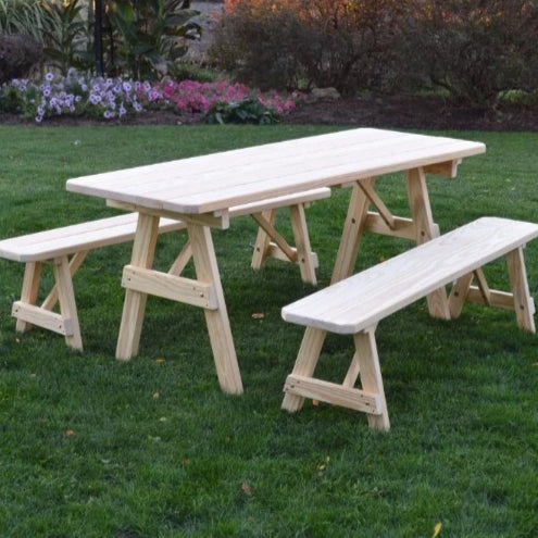 A&L Furniture Amish Pressure-Treated Pine Traditional A-Frame Picnic Table and Benches, Unfinished