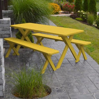 A&L Furniture Amish-Made Pine Cross-Leg Picnic Tables with Benches, Canary Yellow