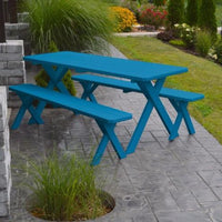 A&L Furniture Amish-Made Pine Cross-Leg Picnic Tables with Benches, Caribbean Blue