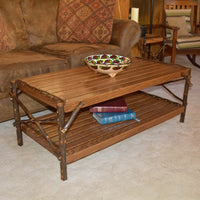 Diagonal view of A&L Furniture Hickory Coffee Table with Shelf, Walnut Finish