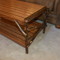 Side view of A&L Furniture Hickory Coffee Table with Shelf, Walnut Finish