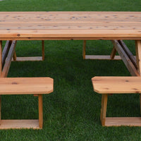 Side View of A&L Furniture Co. 8' Amish-Made Rectangular Cedar Walk-In Picnic Table, Natural Stain