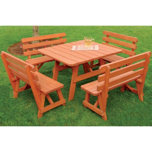 A&L Furniture Co. 43" Amish-Made Square Pine Picnic Table with Backed Benches, Redwood Stain