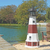 Octagonal Amish-Made Hybrid Montauk, NY Replica Lighthouse on the edge of a lake next to a pier