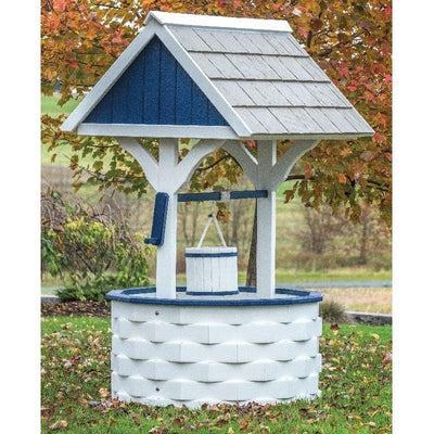 Amish-Made Jumbo Poly Wishing Well, White with Patriotic Blue Trim