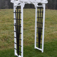 White Amish-Made Hampton Arbors with black fan lattice and straight cross-bar
