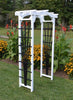White Amish-Made Hamilton Arbors with black fan lattice and arched cross-bar
