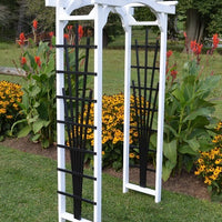 White Amish-Made Hamilton Arbors with black fan lattice and arched cross-bar